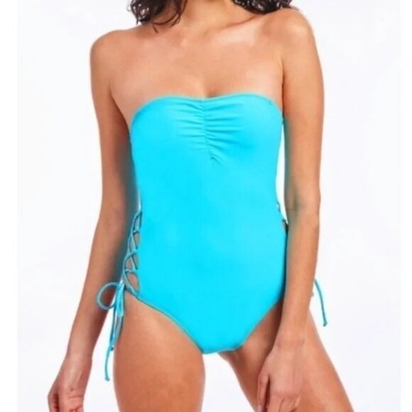 NEW RACHEL ROY Women's Aqua Stretch Side Lace-Up Sweetheart Moderate Coverage On - Picture 5 of 10